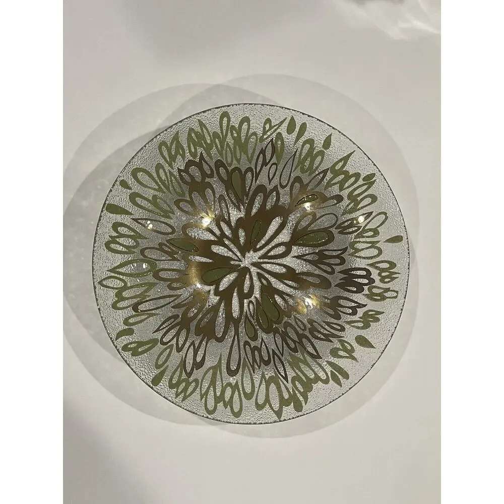 RARE Vintage Dorothy Thorpe MCM Raindrops Round Bowl Gold & Green Crystal 14